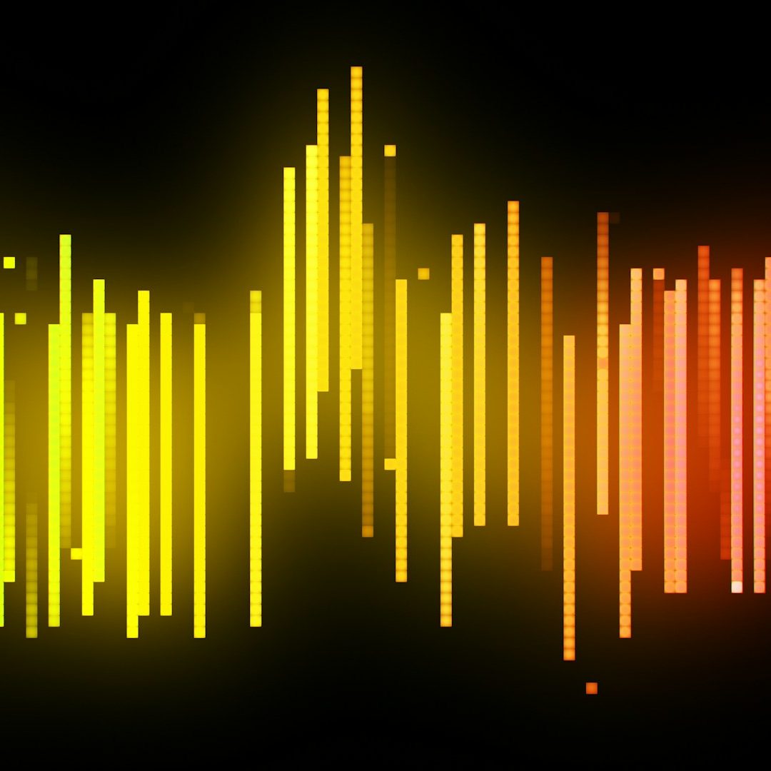 Parallel lines in irregular horizontal positions - some higher against the midpoint of the plane - shfting in colour from yellow to red